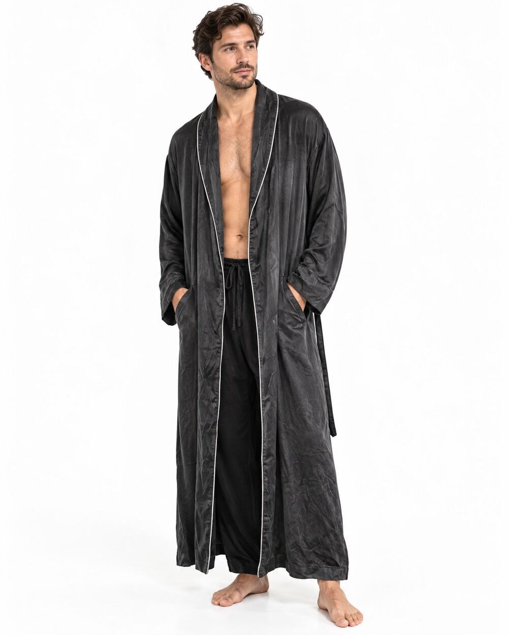 Club Room Black Sandwashed Silk Robe One Size 50" Chest 48" Long Belt